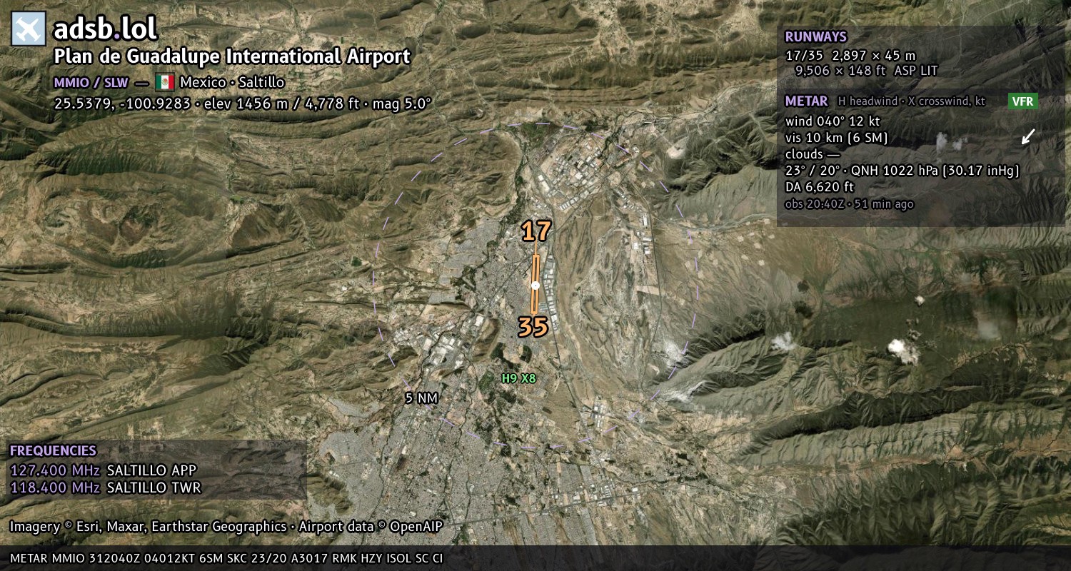 Satellite map with the runway layout of Plan de Guadalupe International Airport (MMIO)