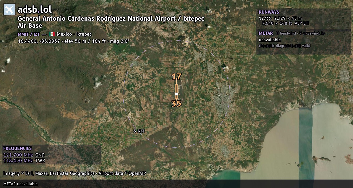 Satellite map with the runway layout of General Antonio Cárdenas Rodríguez National Airport / Ixtepec Air Base (MMIT)