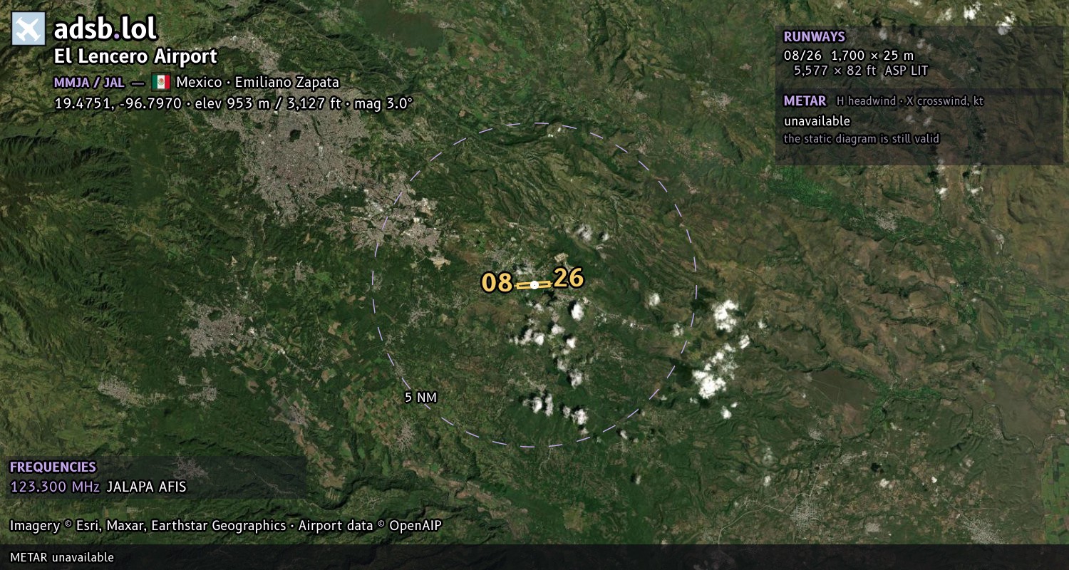Satellite map with the runway layout of El Lencero Airport (MMJA)