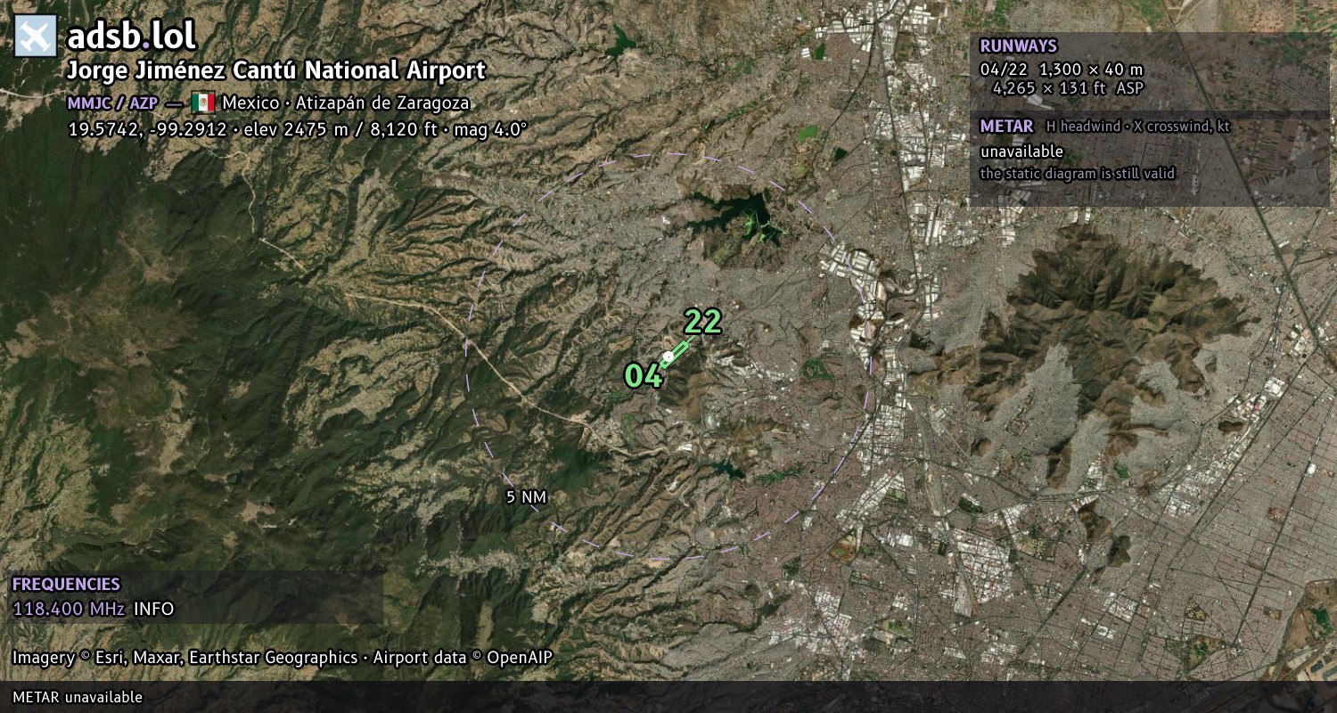 Satellite map with the runway layout of Jorge Jiménez Cantú National Airport (MMJC)
