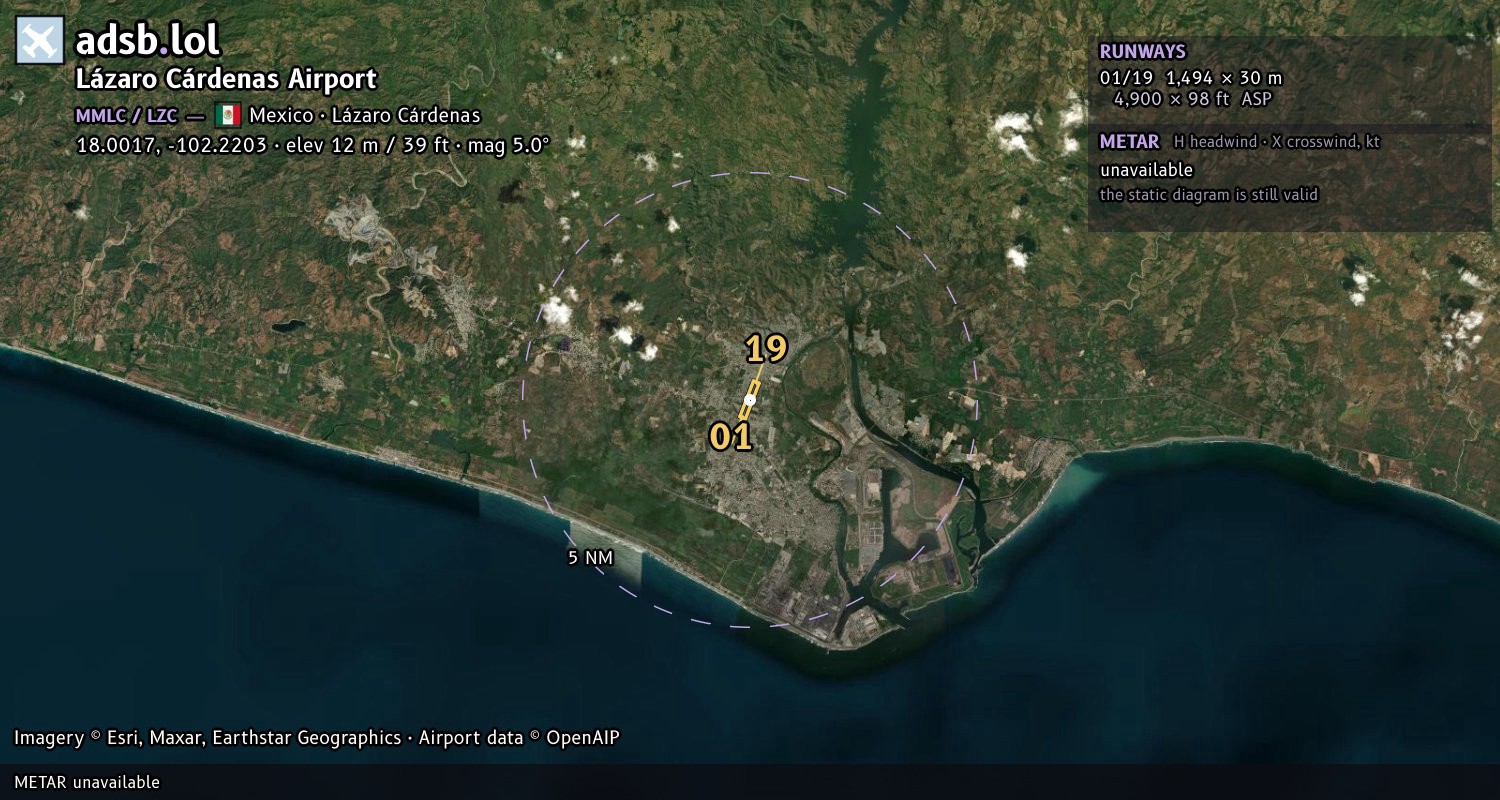 Satellite map with the runway layout of Lázaro Cárdenas Airport (MMLC)