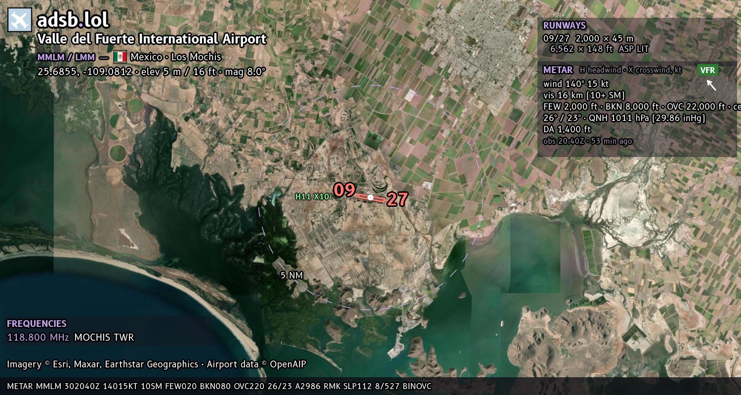 Satellite map with the runway layout of Valle del Fuerte International Airport (MMLM)