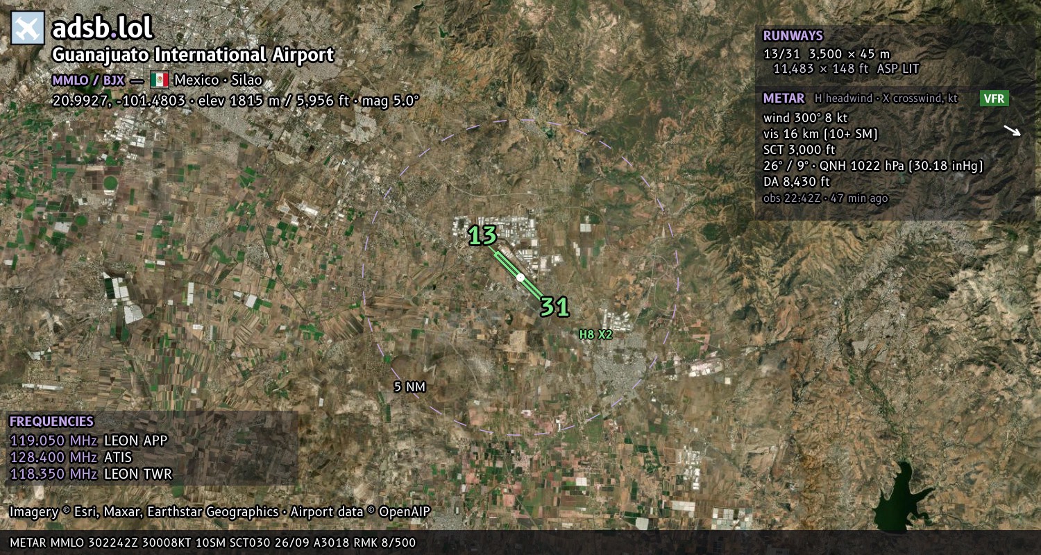 Satellite map with the runway layout of Guanajuato International Airport (MMLO)