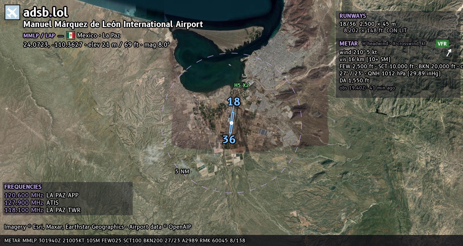 Satellite map with the runway layout of Manuel Márquez de León International Airport (MMLP)