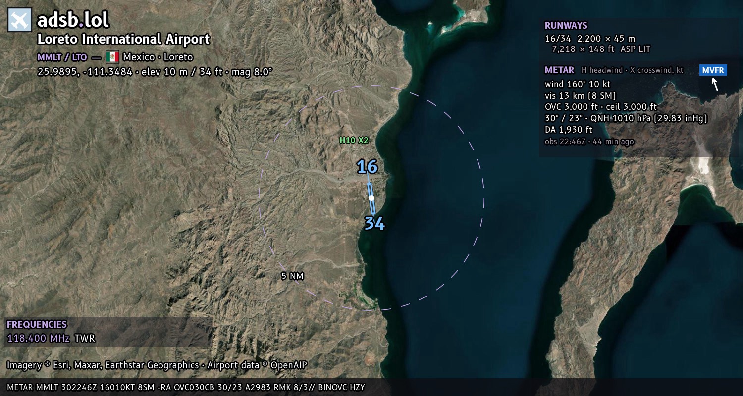 Satellite map with the runway layout of Loreto International Airport (MMLT)