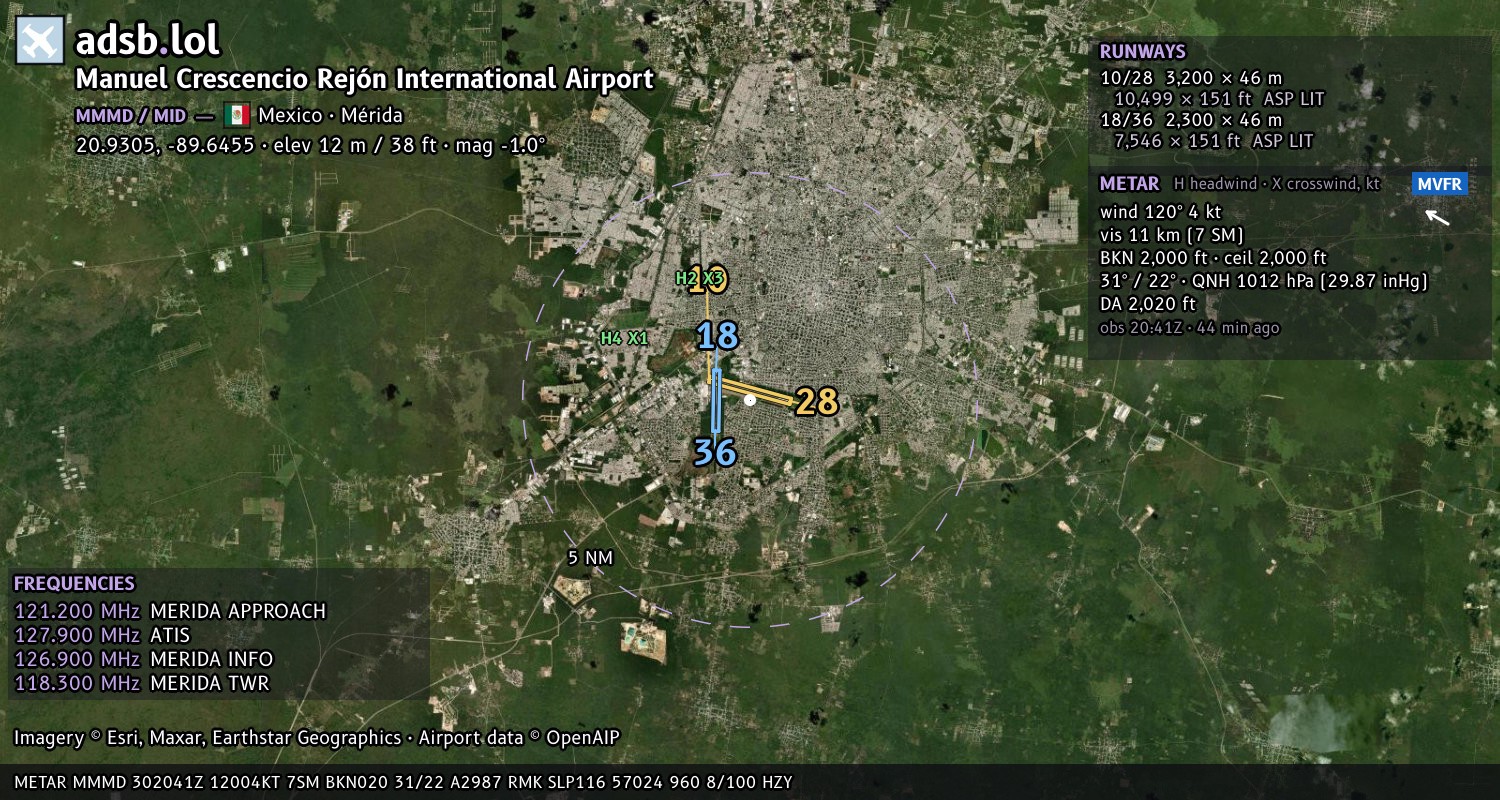 Satellite map with the runway layout of Manuel Crescencio Rejón International Airport (MMMD)