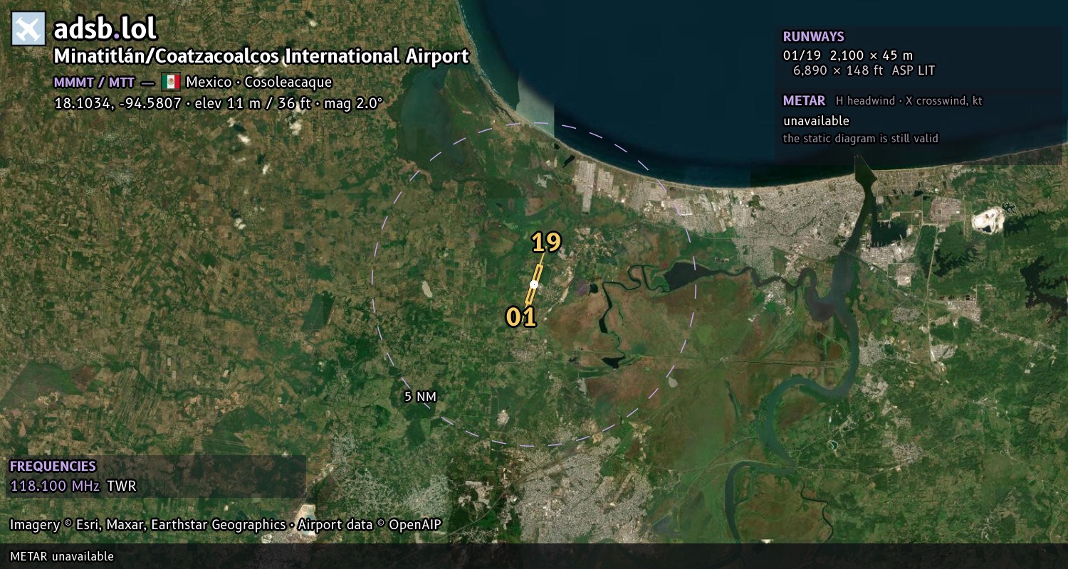 Satellite map with the runway layout of Minatitlán/Coatzacoalcos International Airport (MMMT)