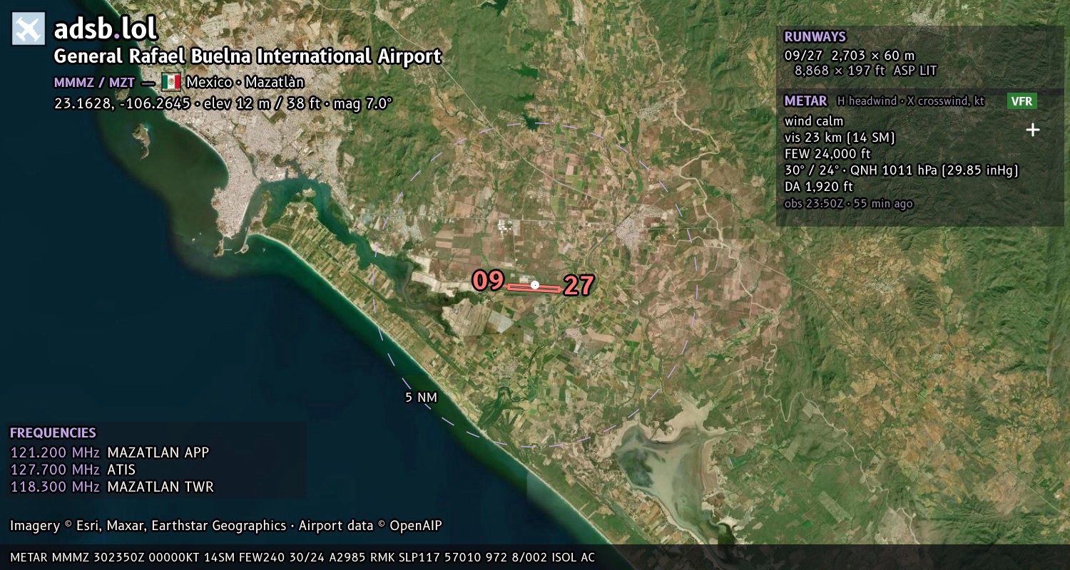 Satellite map with the runway layout of General Rafael Buelna International Airport (MMMZ)