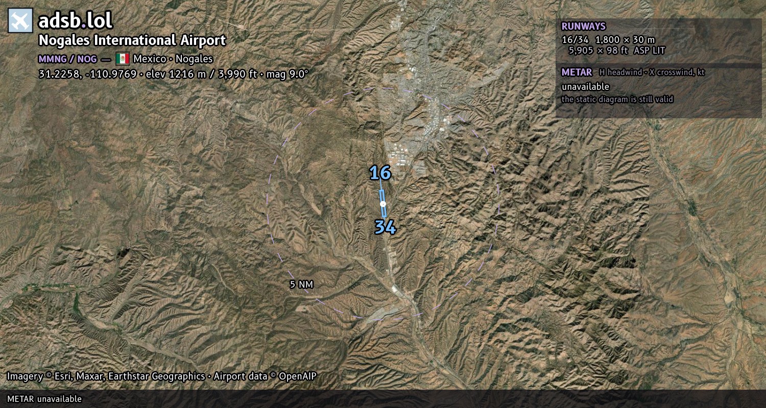 Satellite map with the runway layout of Nogales International Airport (MMNG)