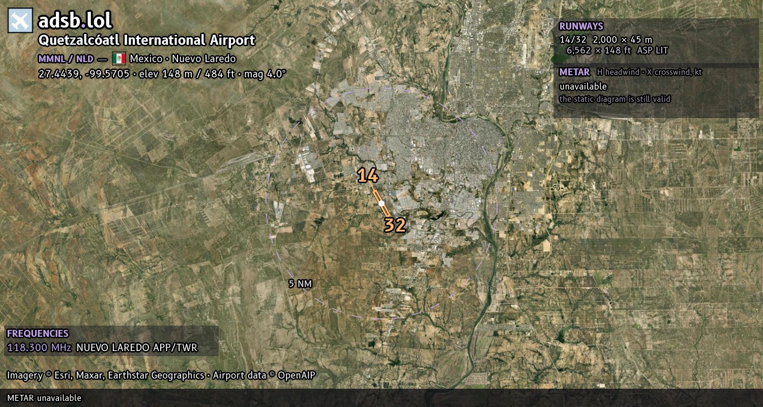 Satellite map with the runway layout of Quetzalcóatl International Airport (MMNL)