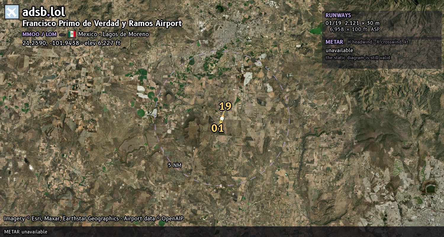 Satellite map with the runway layout of Francisco Primo de Verdad y Ramos Airport (MMOO)