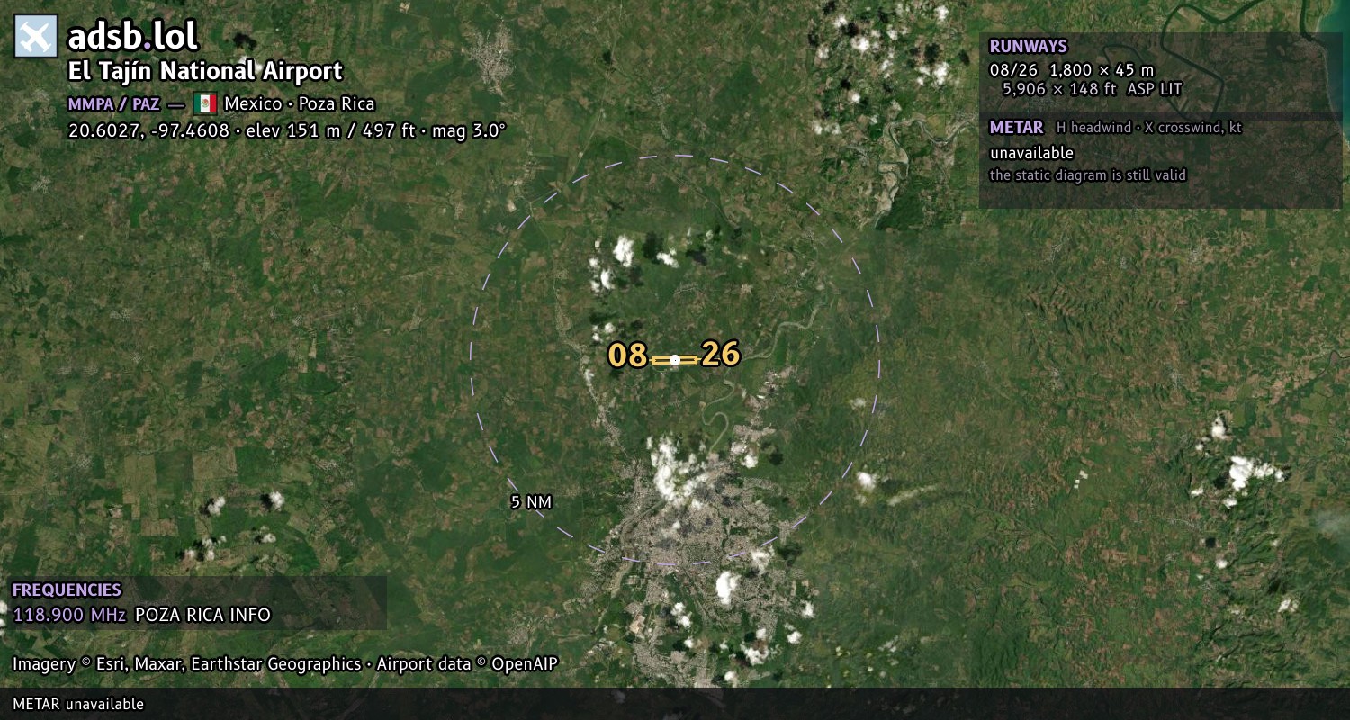 Satellite map with the runway layout of El Tajín National Airport (MMPA)