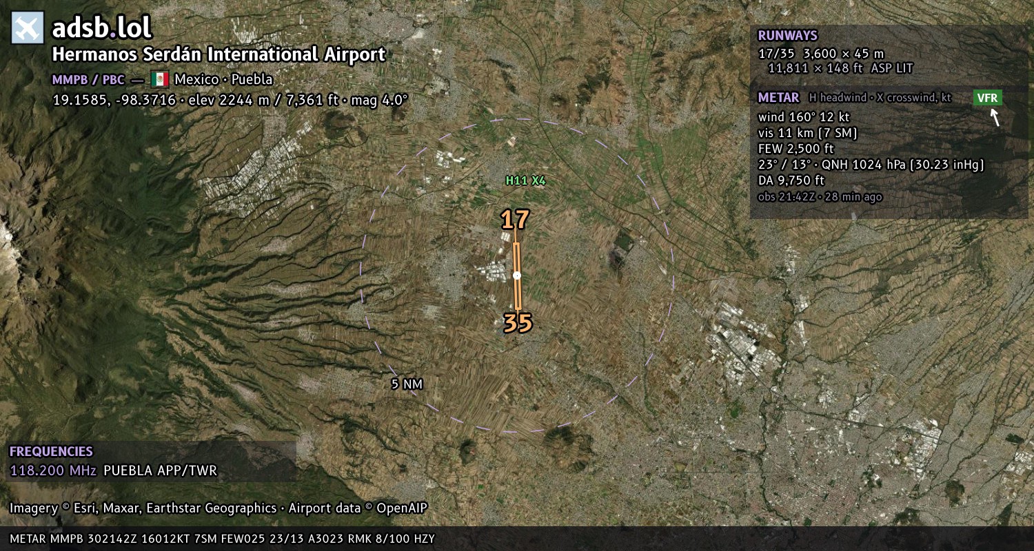 Satellite map with the runway layout of Hermanos Serdán International Airport (MMPB)
