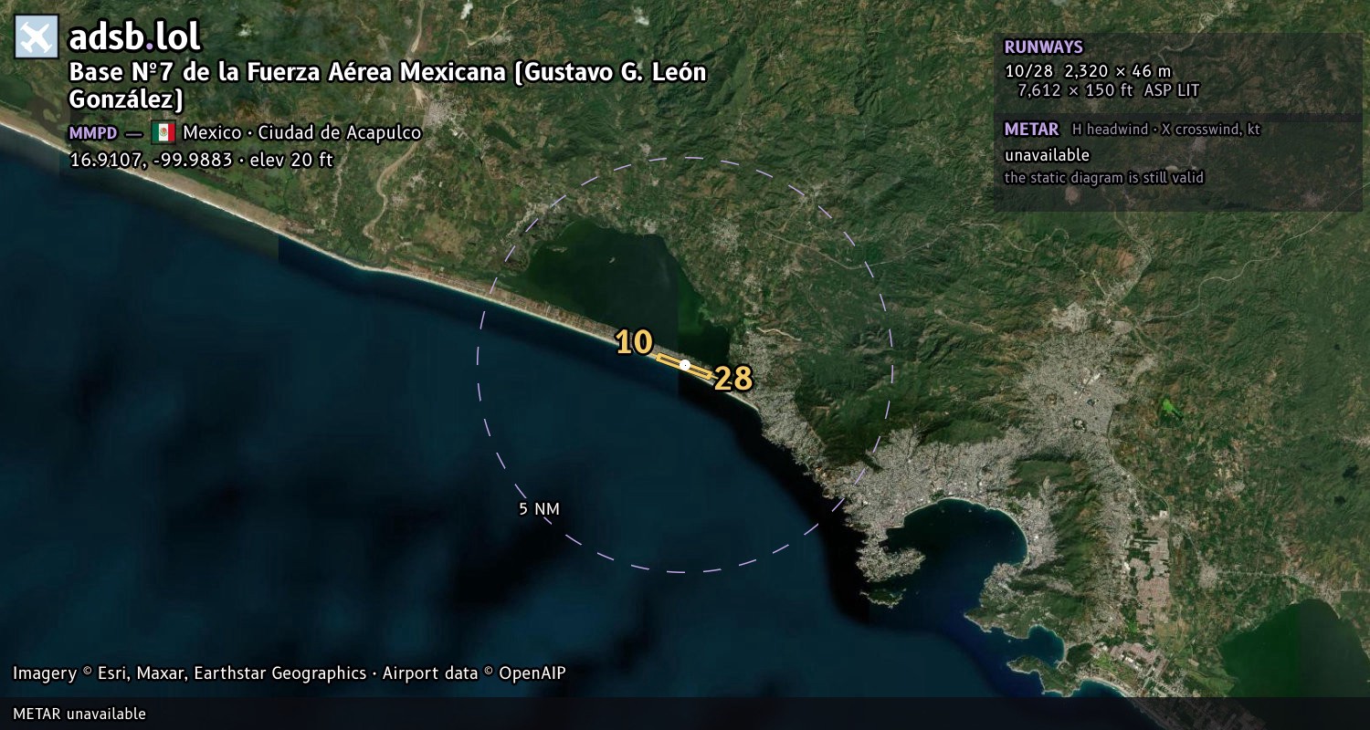 Satellite map with the runway layout of Base Nº7 de la Fuerza Aérea Mexicana (Gustavo G. León González) (MMPD)