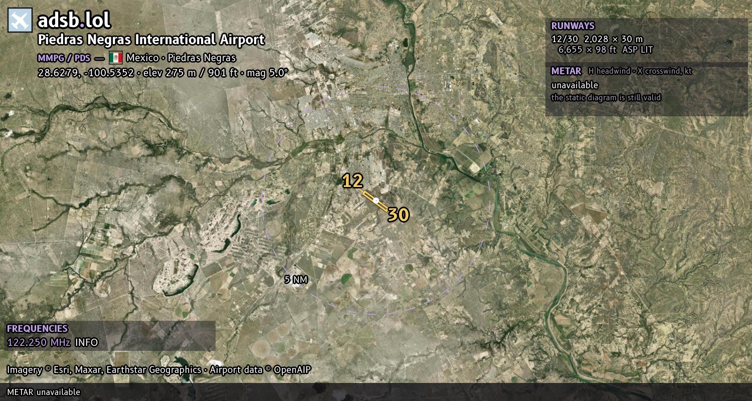 Satellite map with the runway layout of Piedras Negras International Airport (MMPG)