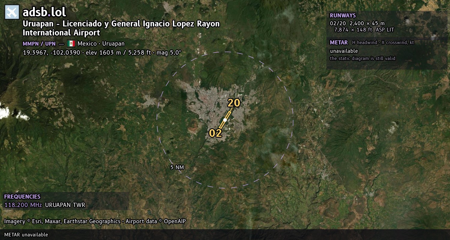 Satellite map with the runway layout of Uruapan - Licenciado y General Ignacio Lopez Rayon International Airport (MMPN)