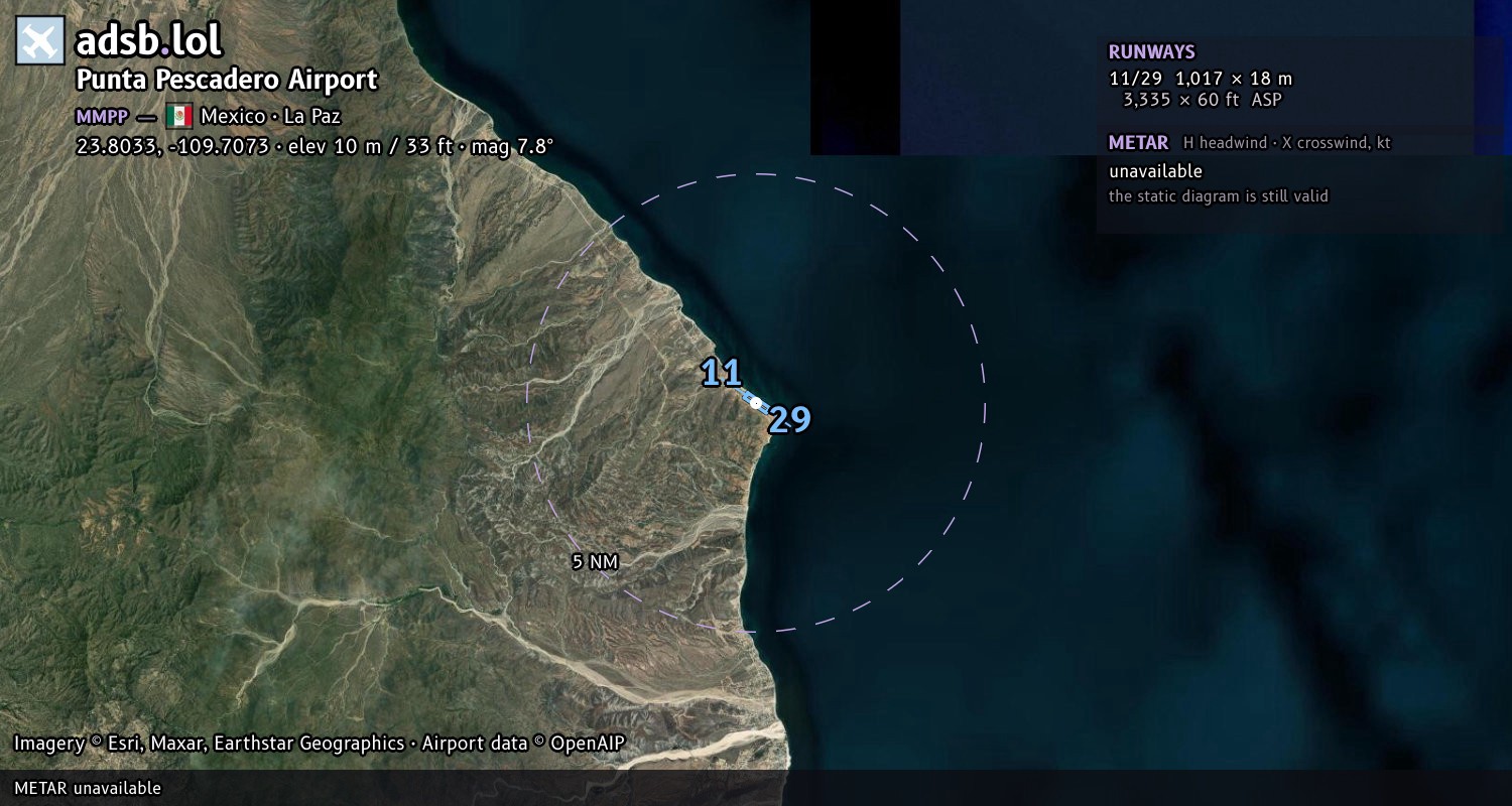 Satellite map with the runway layout of Punta Pescadero Airport (MMPP)