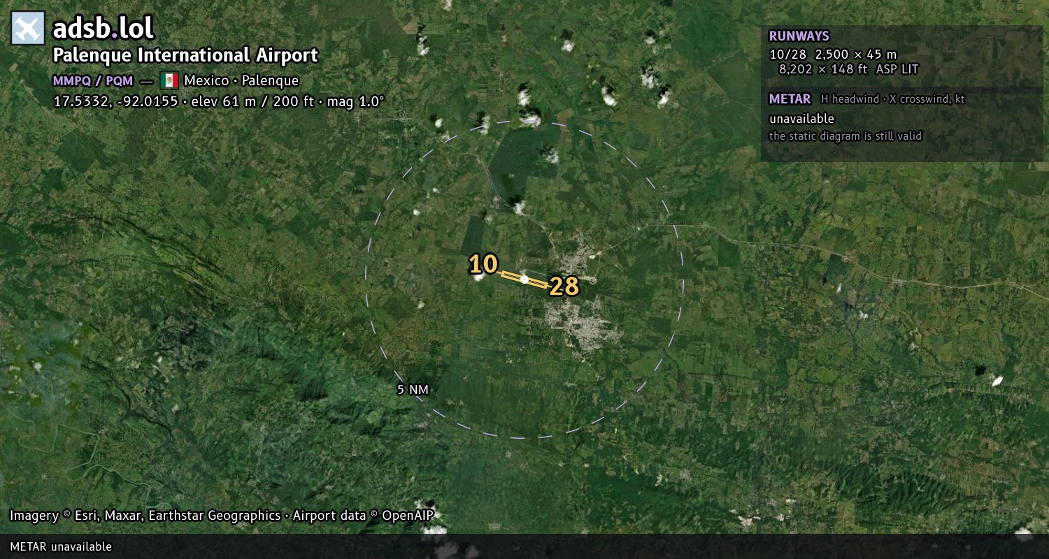Satellite map with the runway layout of Palenque International Airport (MMPQ)