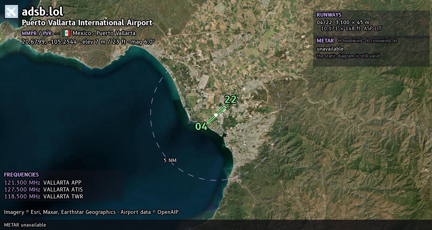 Satellite map with the runway layout of Puerto Vallarta International Airport (MMPR)