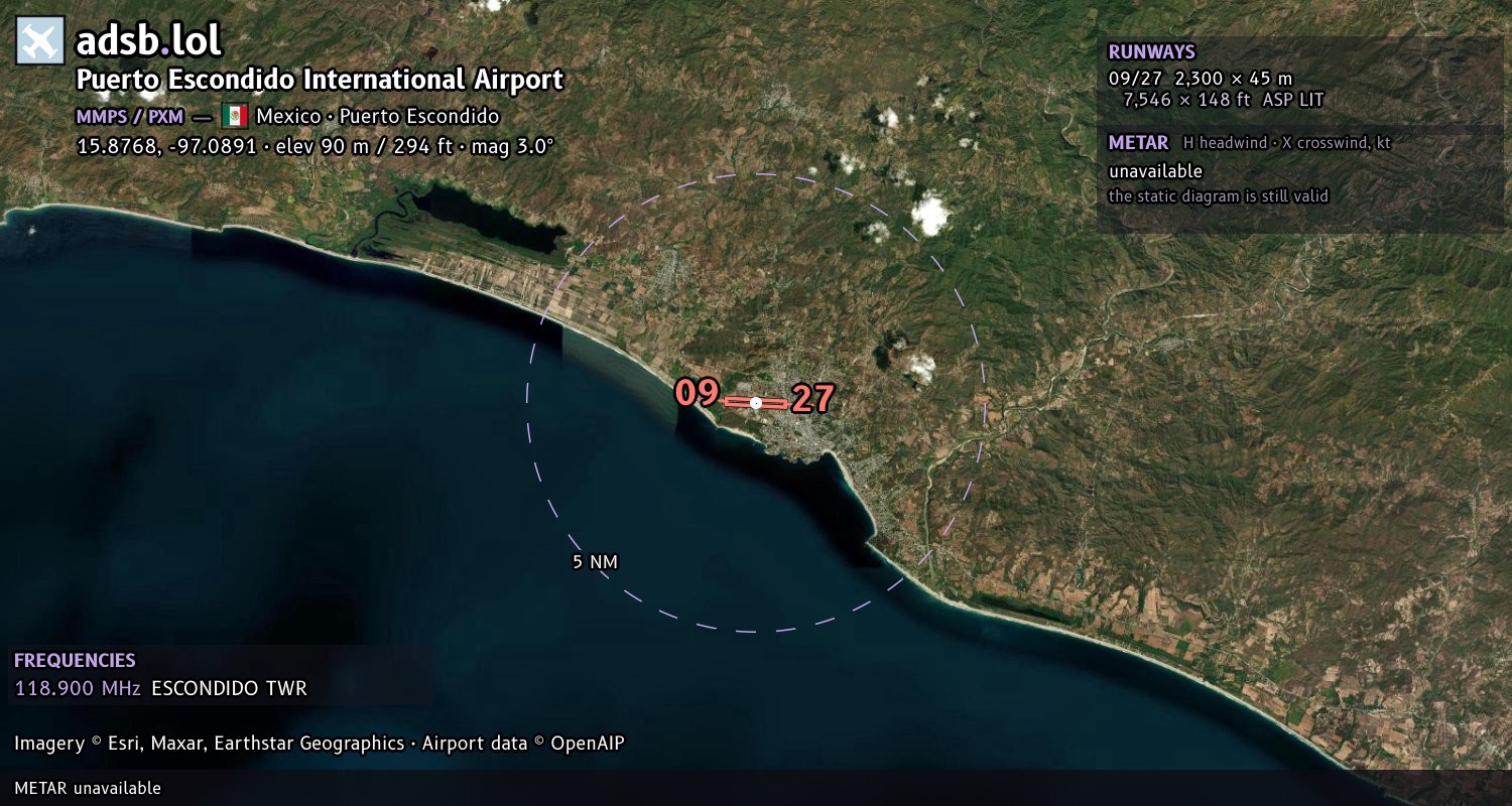 Satellite map with the runway layout of Puerto Escondido International Airport (MMPS)