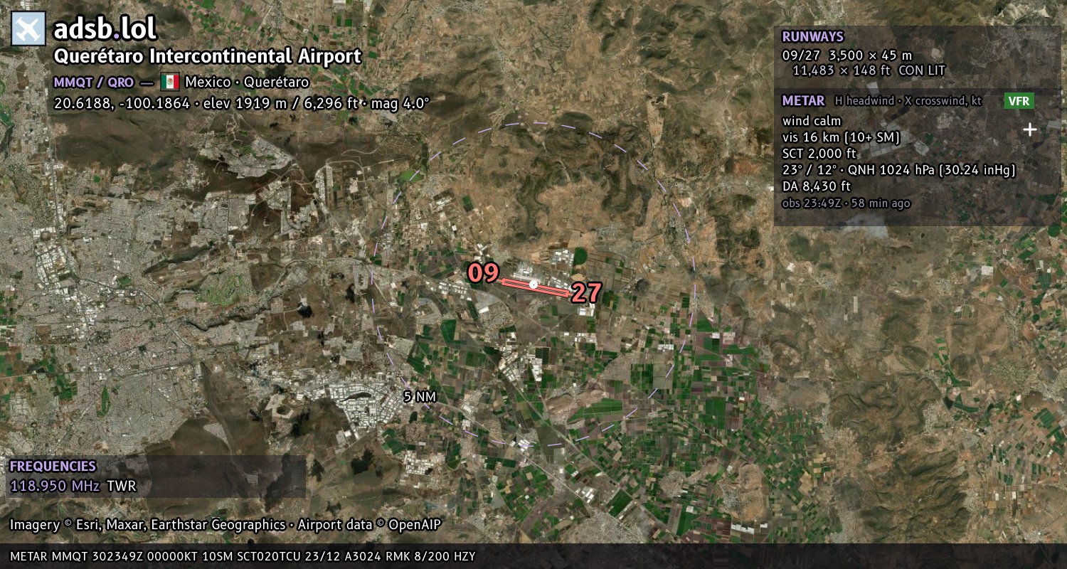 Satellite map with the runway layout of Querétaro Intercontinental Airport (MMQT)