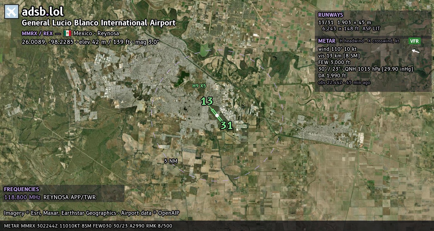 Satellite map with the runway layout of General Lucio Blanco International Airport (MMRX)