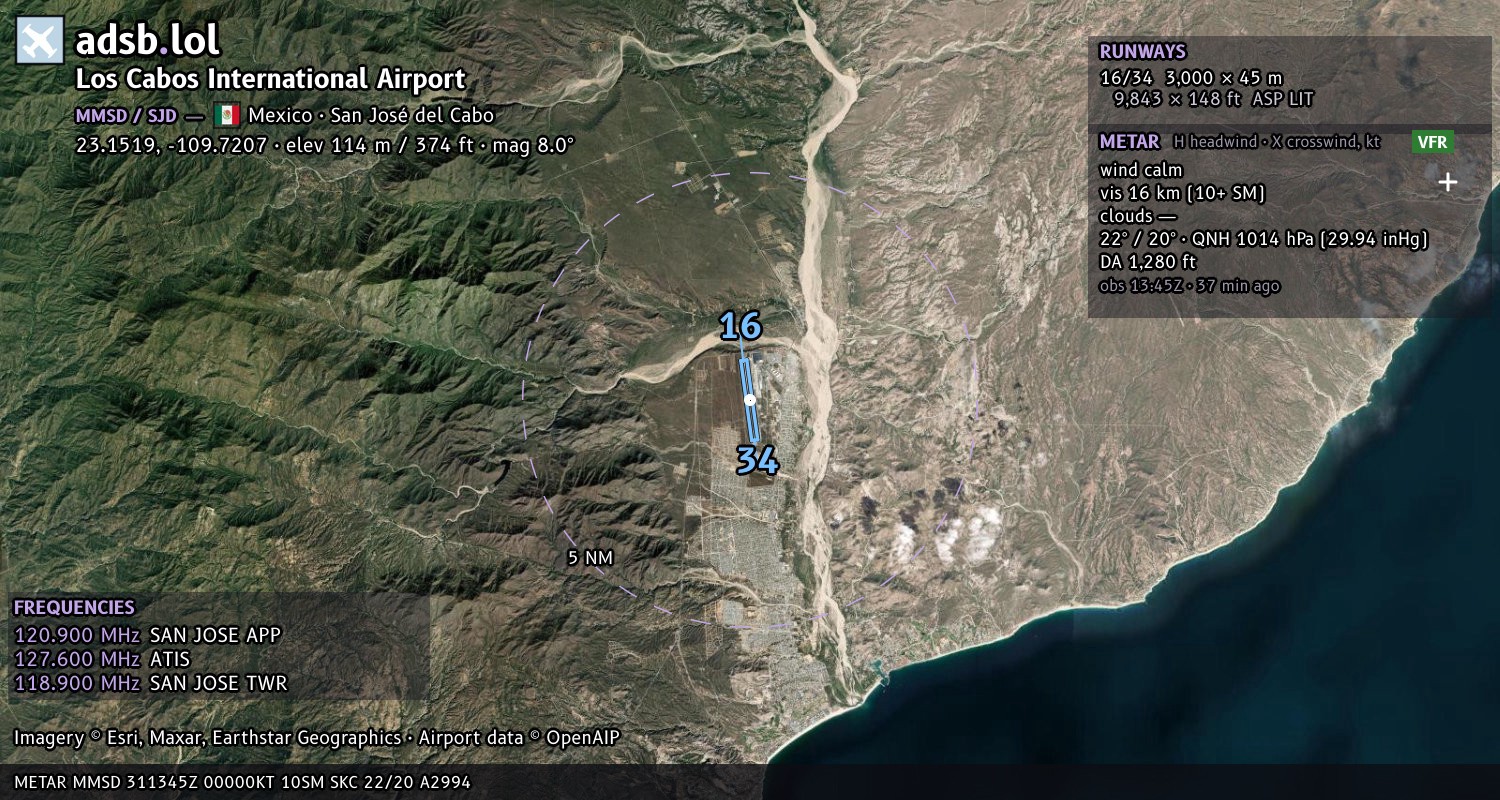 Satellite map with the runway layout of Los Cabos International Airport (MMSD)