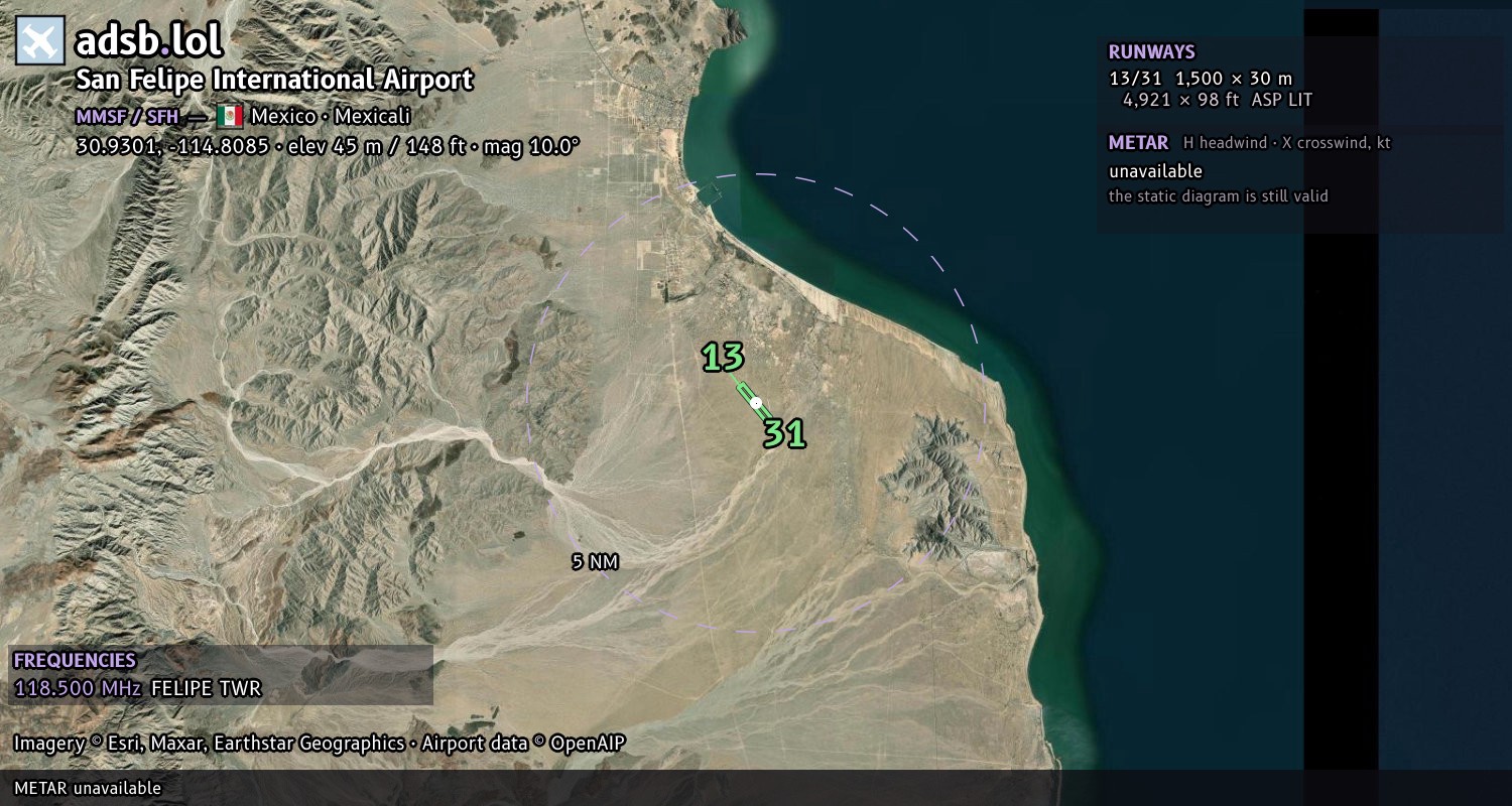 Satellite map with the runway layout of San Felipe International Airport (MMSF)