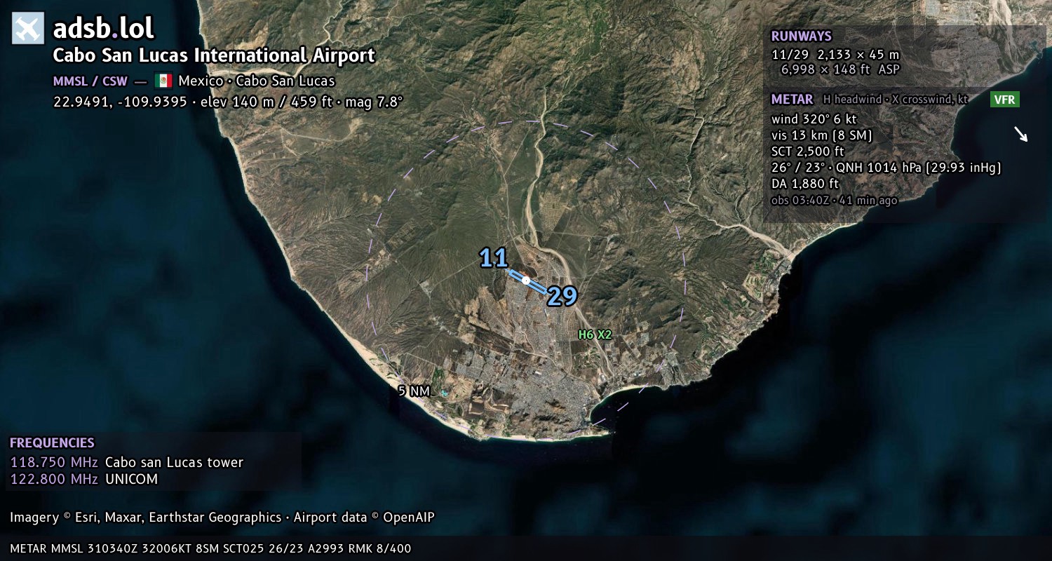 Satellite map with the runway layout of Cabo San Lucas International Airport (MMSL)