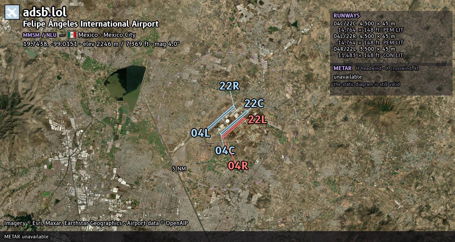 Satellite map with the runway layout of Felipe Ángeles International Airport (MMSM)