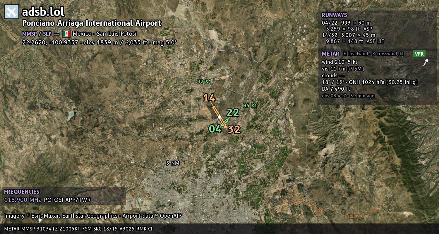 Satellite map with the runway layout of Ponciano Arriaga International Airport (MMSP)