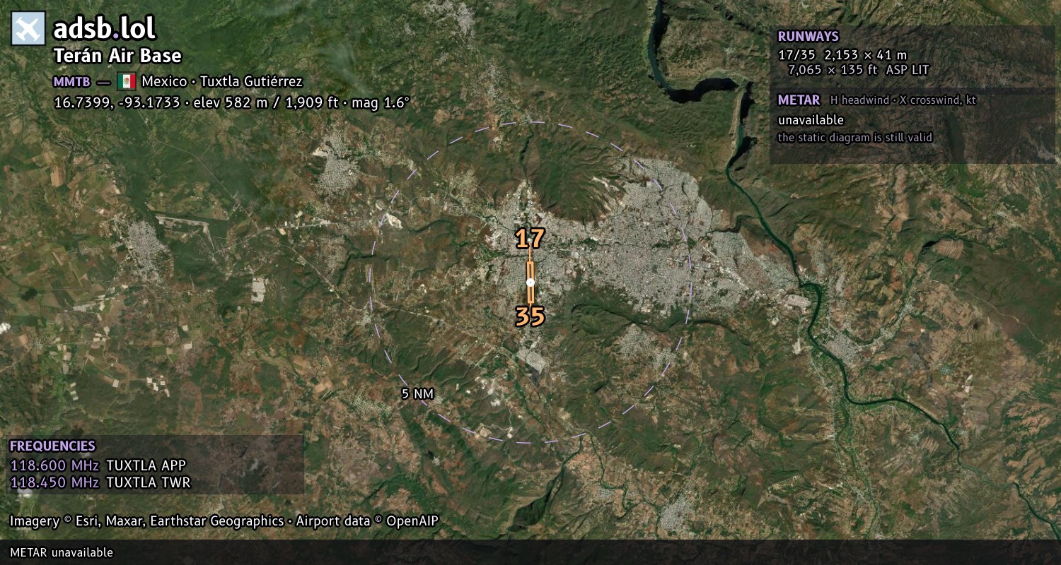 Satellite map with the runway layout of Terán Air Base (MMTB)