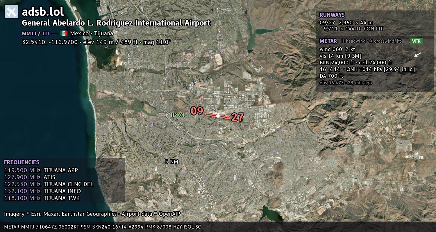 Satellite map with the runway layout of General Abelardo L. Rodriguez International Airport (MMTJ)