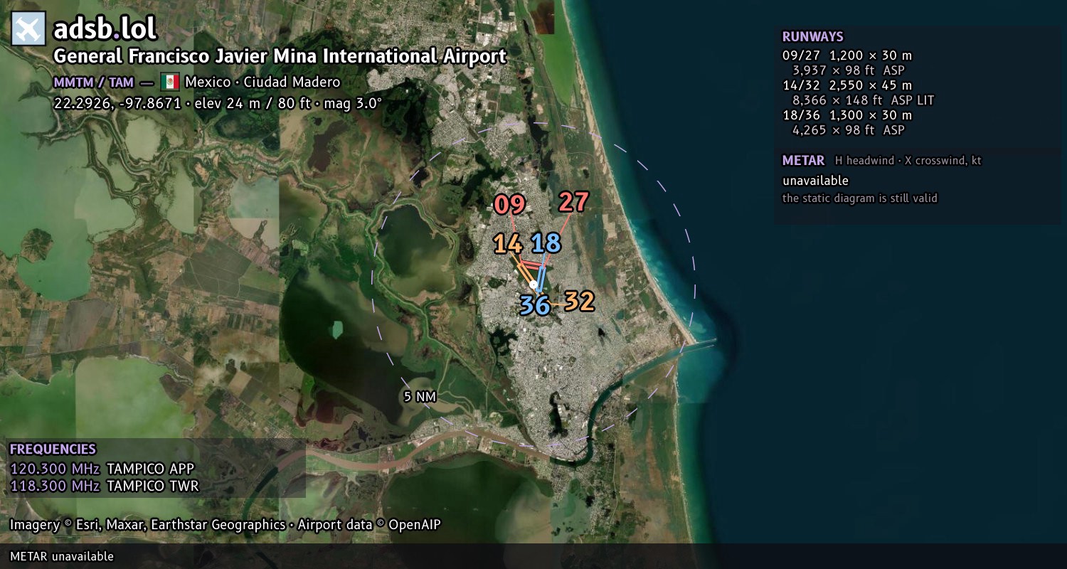 Satellite map with the runway layout of General Francisco Javier Mina International Airport (MMTM)