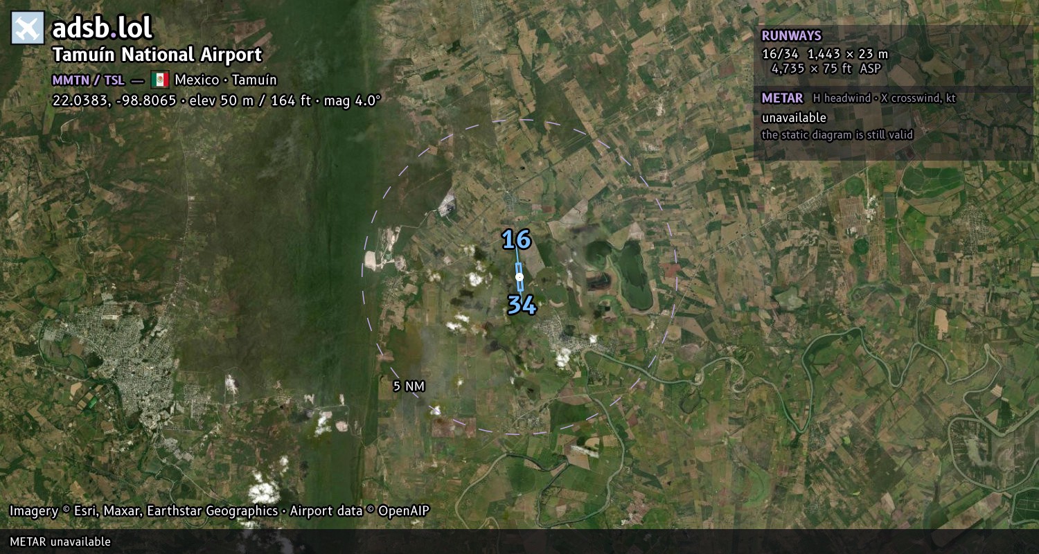 Satellite map with the runway layout of Tamuín National Airport (MMTN)