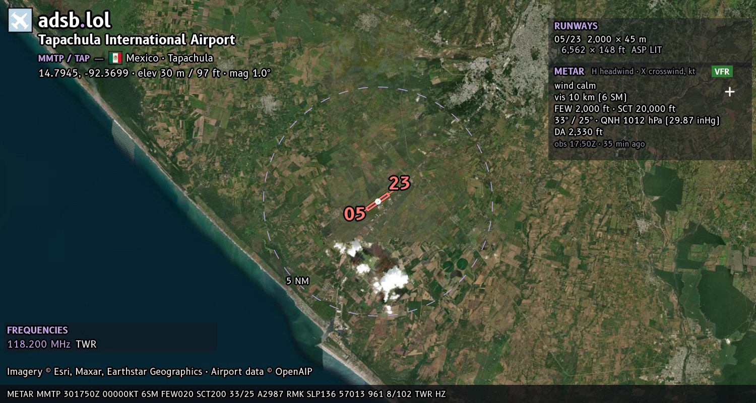 Satellite map with the runway layout of Tapachula International Airport (MMTP)