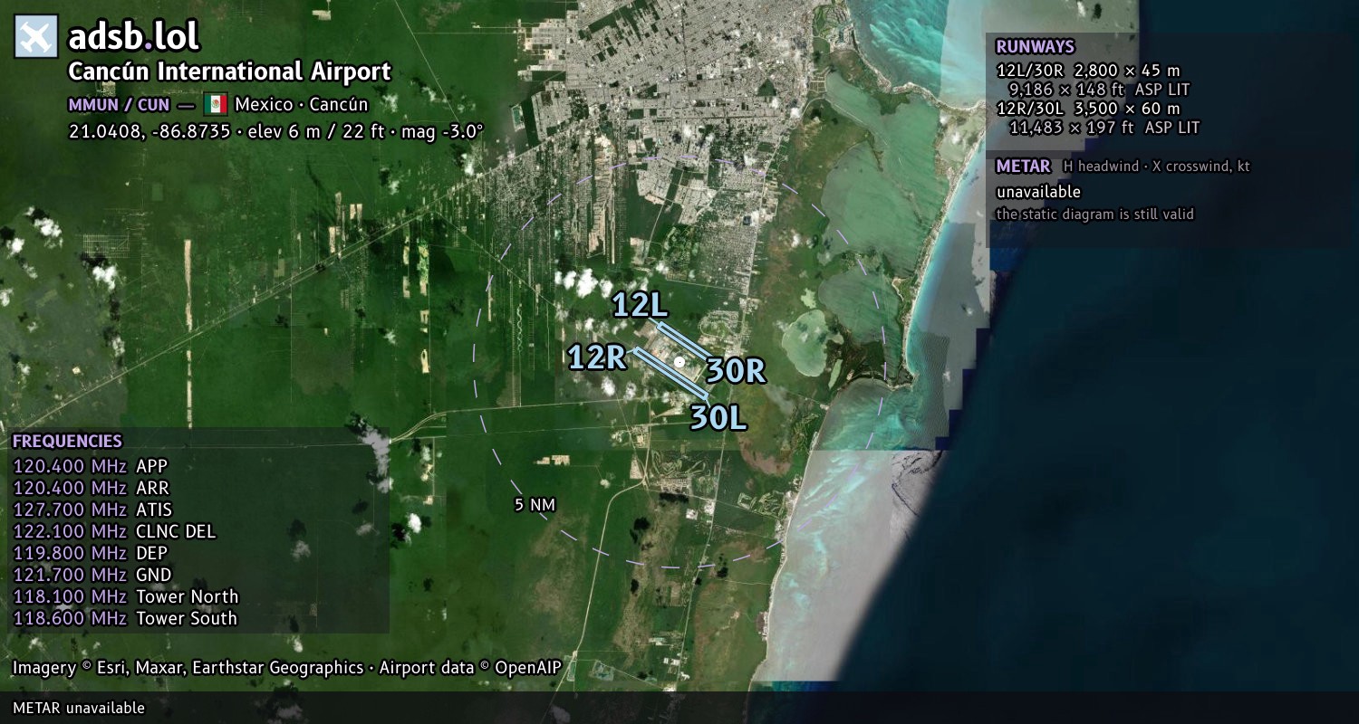 Satellite map with the runway layout of Cancún International Airport (MMUN)