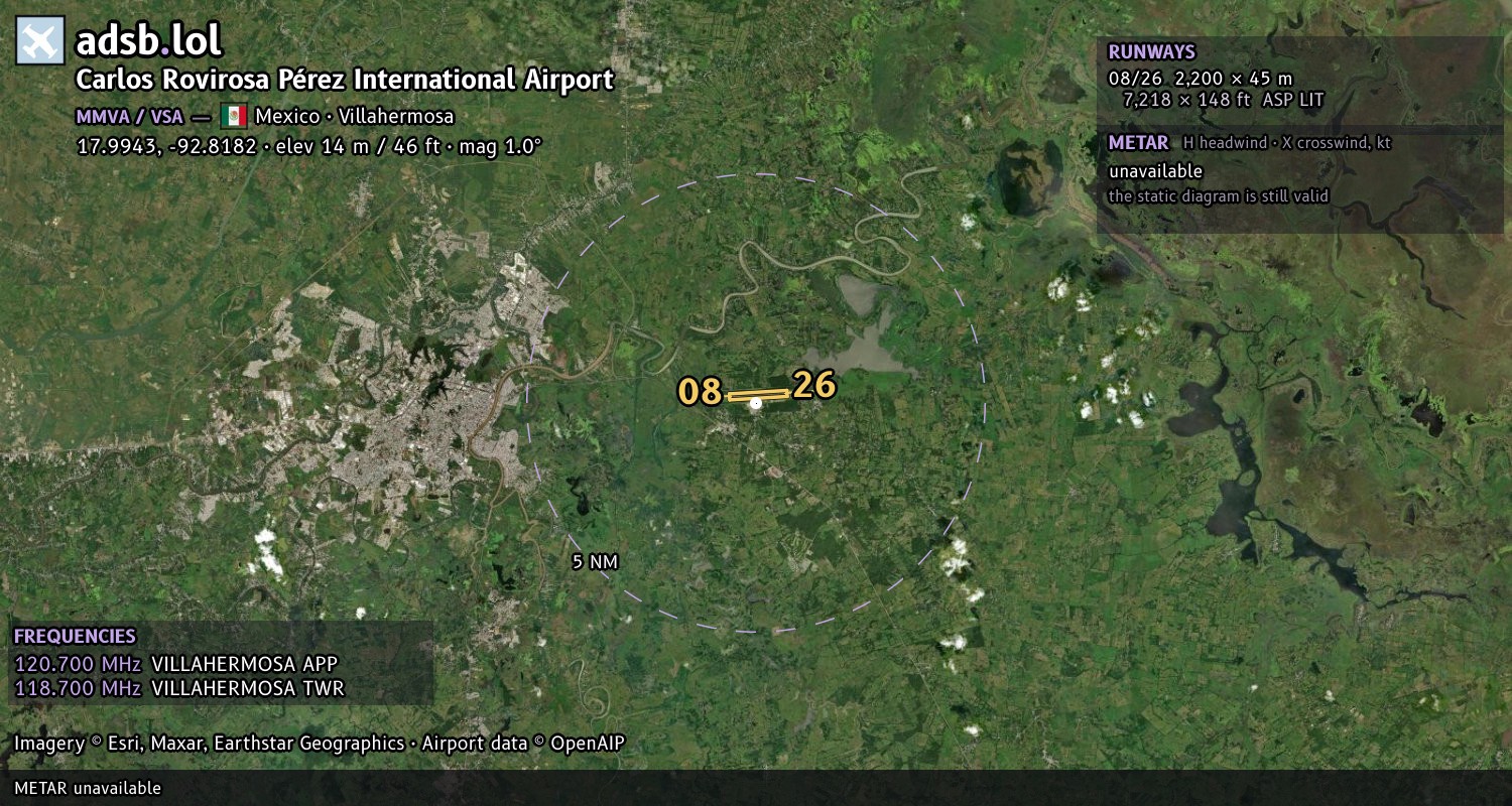 Satellite map with the runway layout of Carlos Rovirosa Pérez International Airport (MMVA)