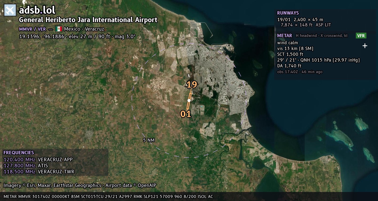 Satellite map with the runway layout of General Heriberto Jara International Airport (MMVR)