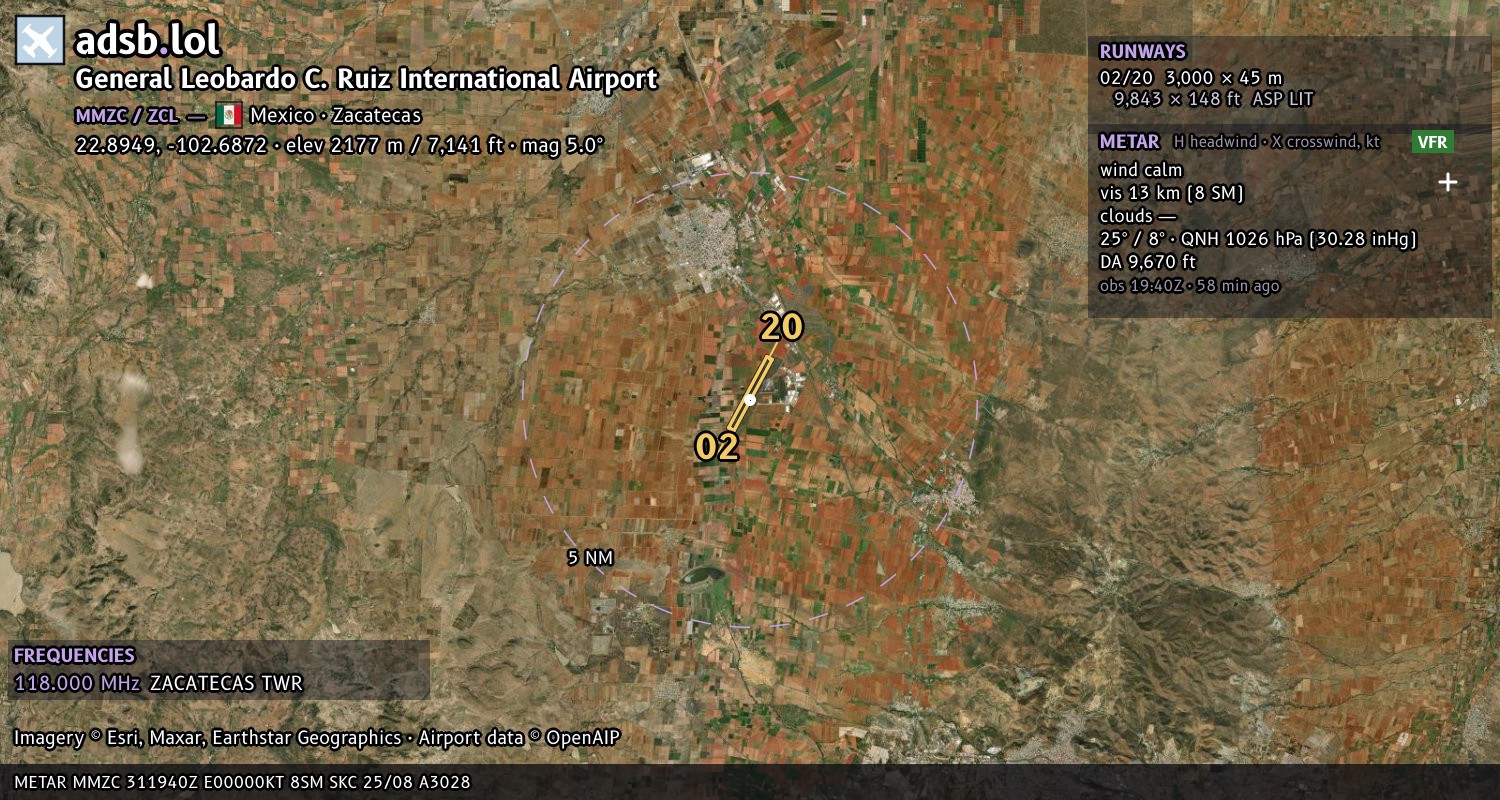 Satellite map with the runway layout of General Leobardo C. Ruiz International Airport (MMZC)