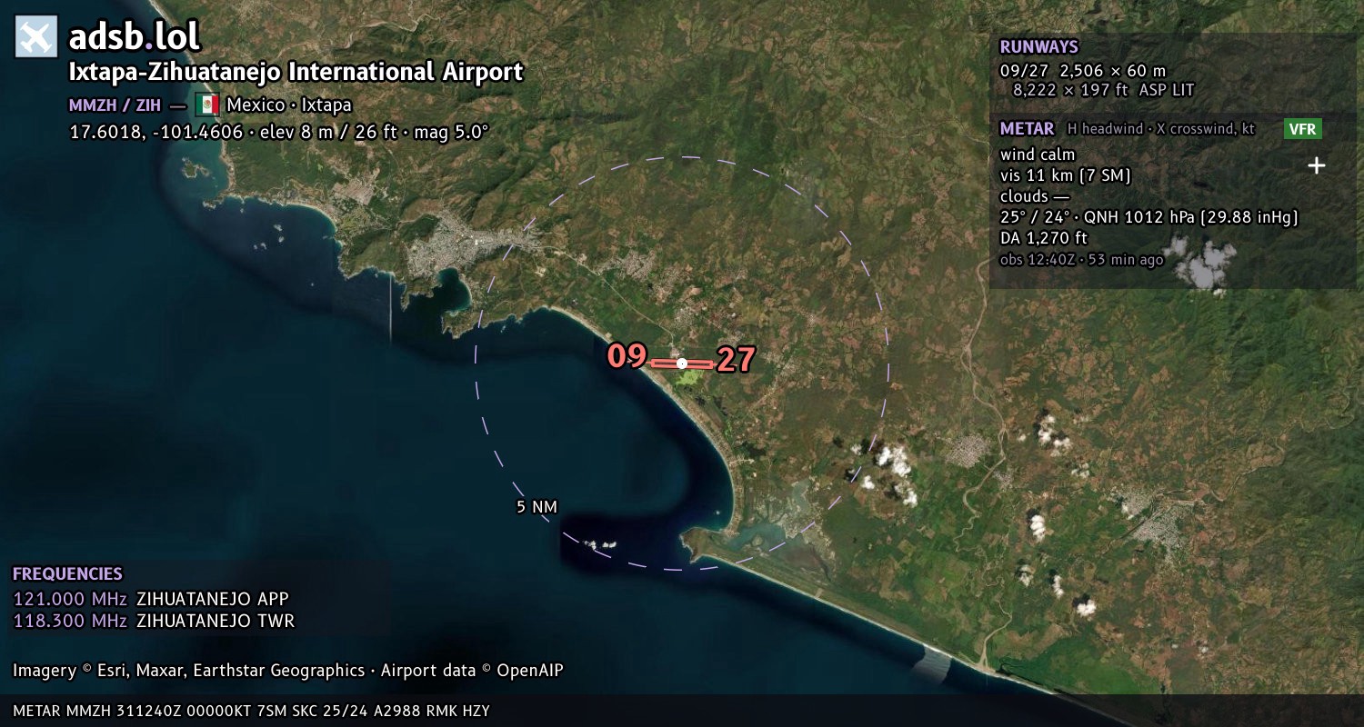 Satellite map with the runway layout of Ixtapa-Zihuatanejo International Airport (MMZH)