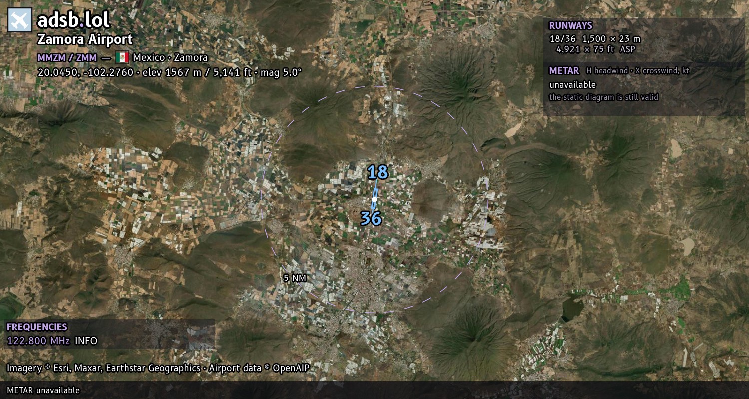 Satellite map with the runway layout of Zamora Airport (MMZM)