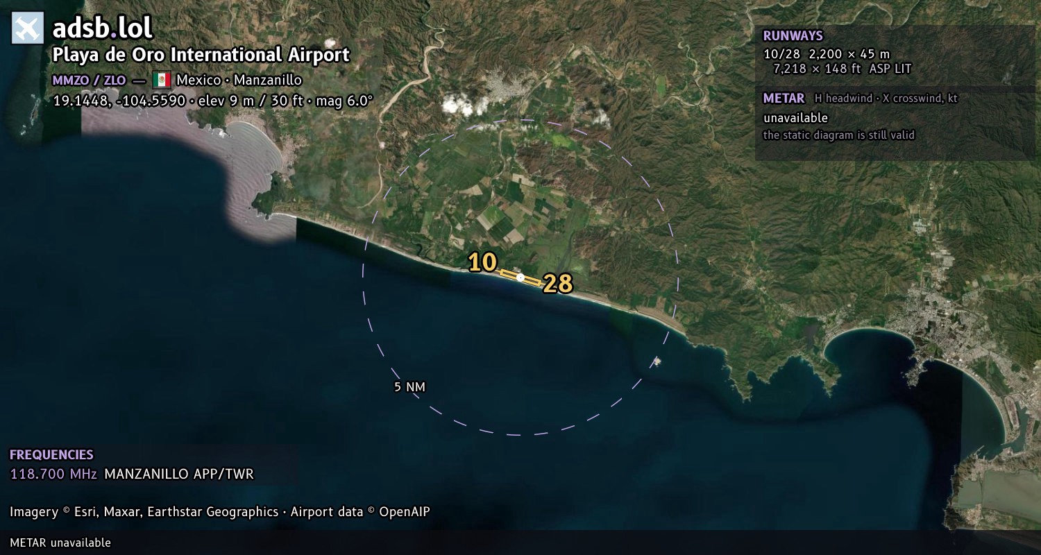 Satellite map with the runway layout of Playa de Oro International Airport (MMZO)