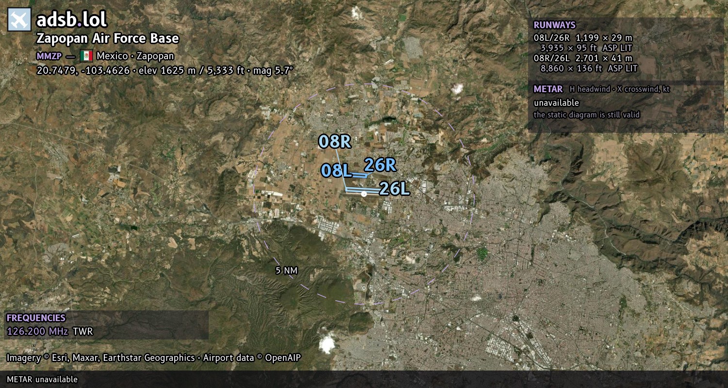 Satellite map with the runway layout of Zapopan Air Force Base (MMZP)