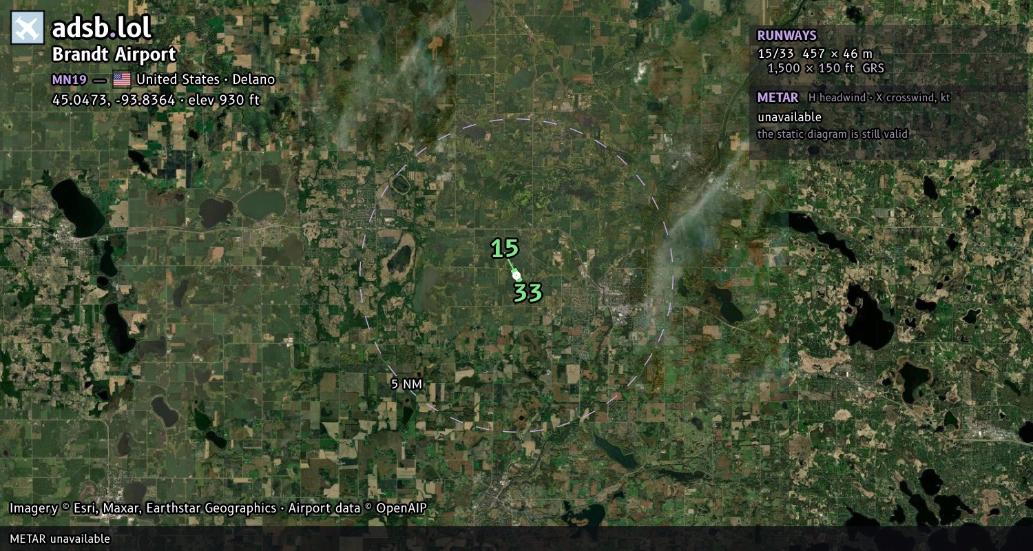 Satellite map with the runway layout of Brandt Airport (MN19)