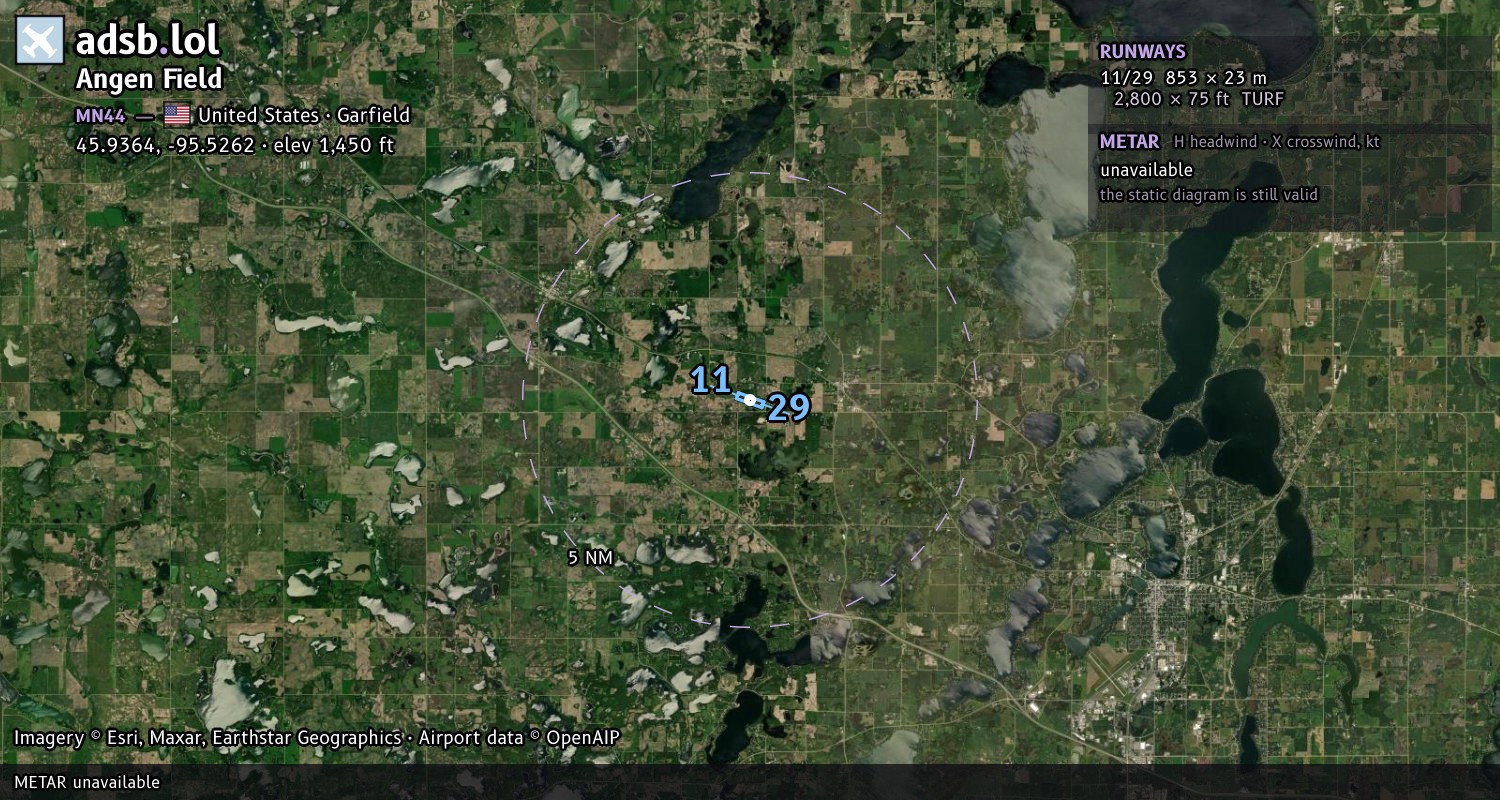 Satellite map with the runway layout of Angen Field (MN44)
