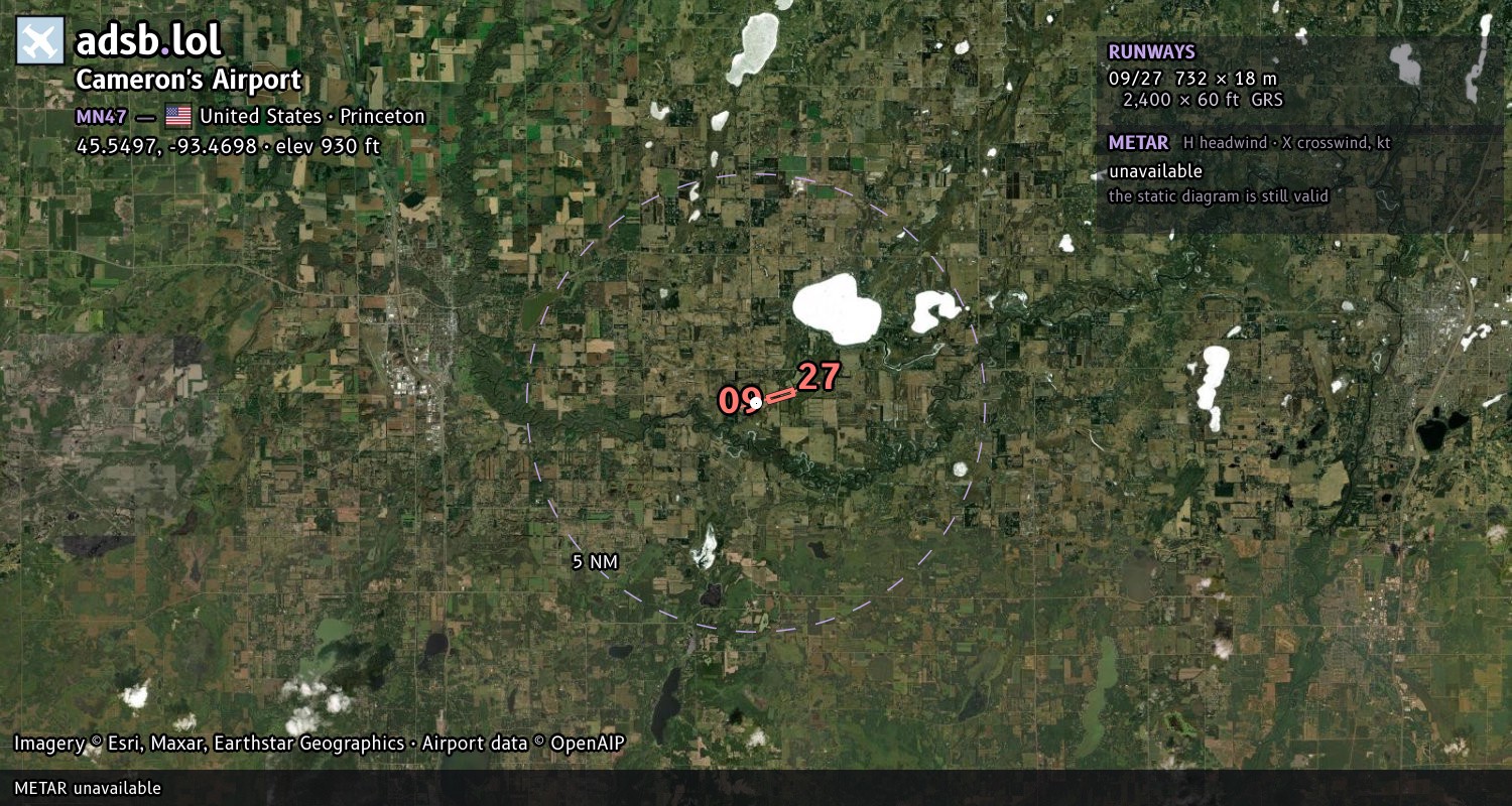 Satellite map with the runway layout of Cameron's Airport (MN47)