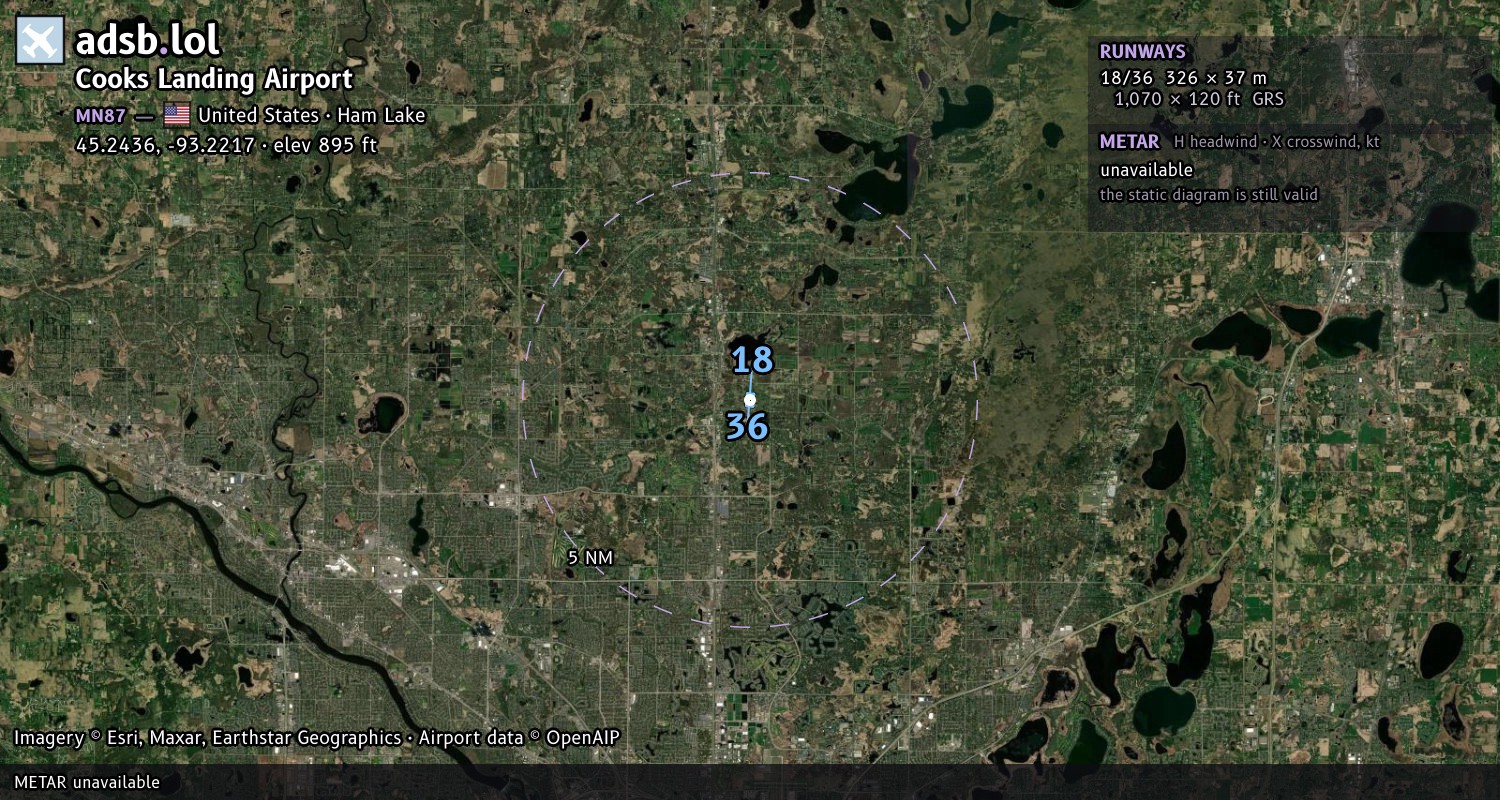 Satellite map with the runway layout of Cooks Landing Airport (MN87)