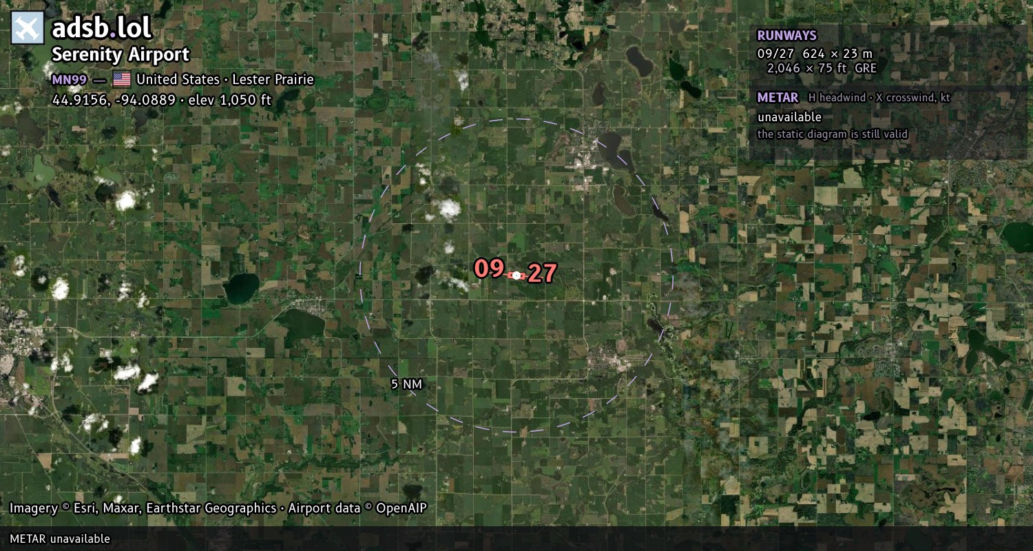 Satellite map with the runway layout of Serenity Airport (MN99)