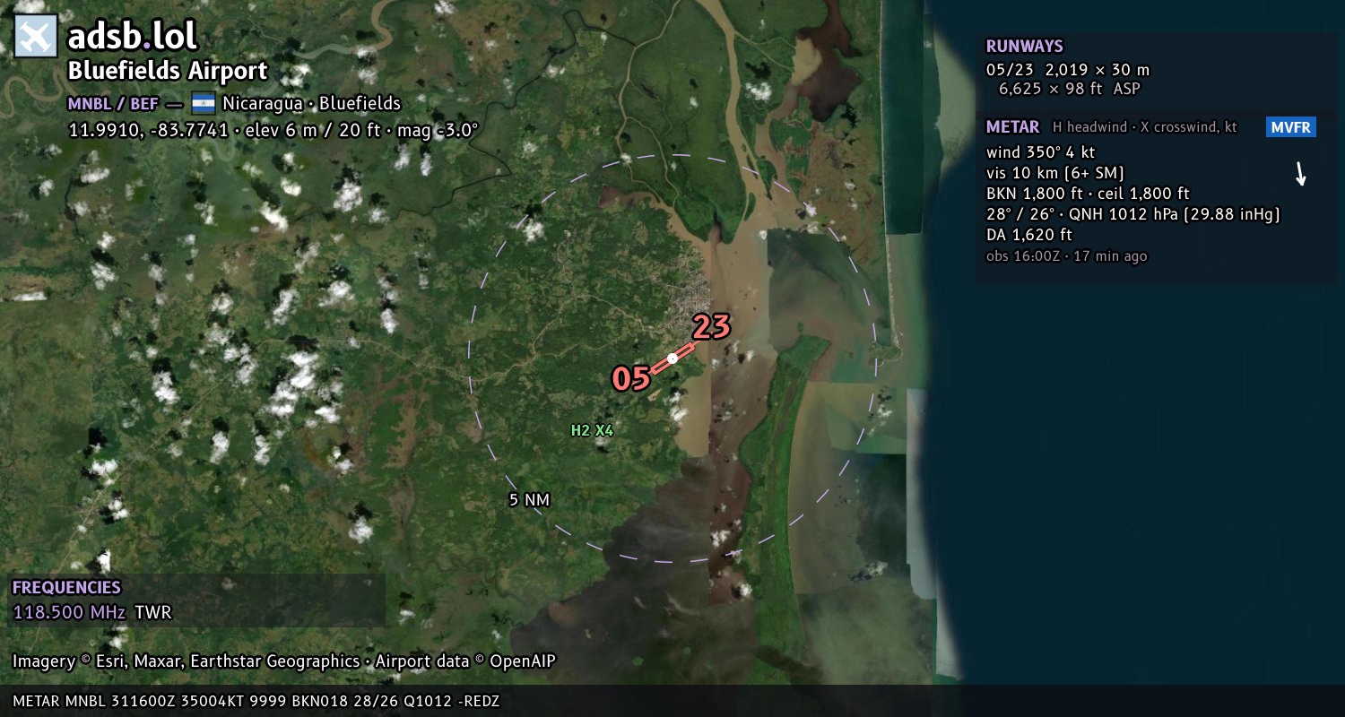 Satellite map with the runway layout of Bluefields Airport (MNBL)